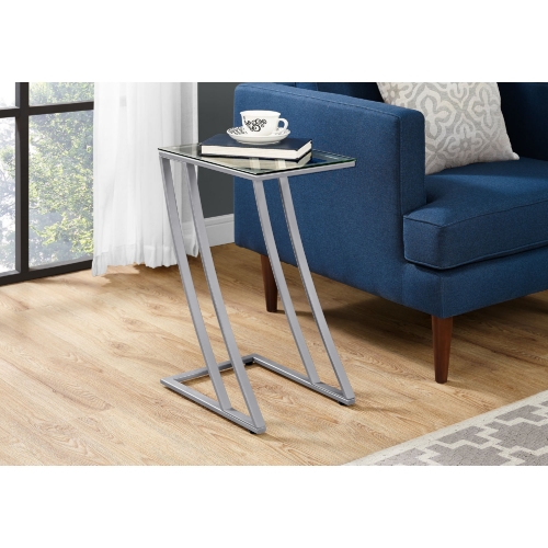 Accent Table in Silver Metal with Tempered Glass